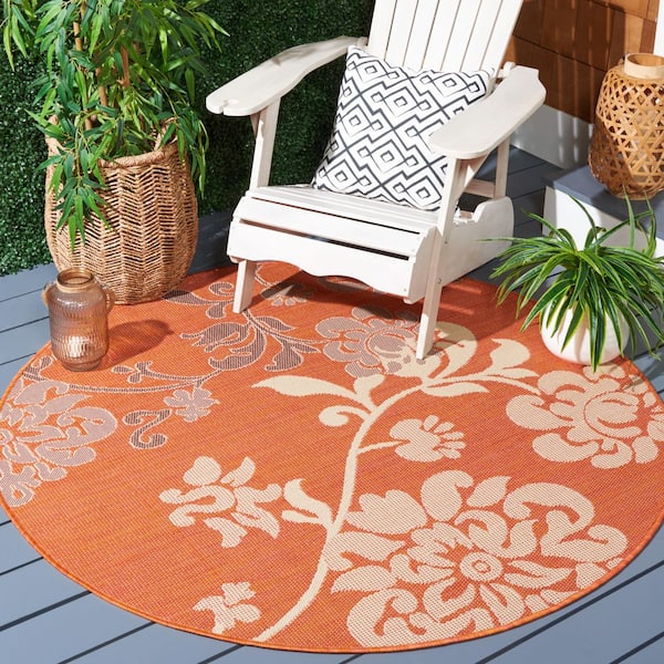 Courtyard Terracotta Natural/Brown 5 ft. x 5 ft. Round Floral Indoor/Outdoor Patio  Area Rug