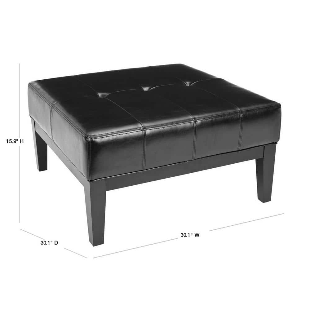 Transitional Black Tufted Cocktail Ottoman with Birch Wood Legs