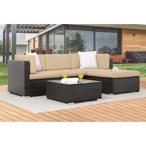 5-Piece Wicker Patio Conversation Sectional Seating Set Set with Sand Cushions