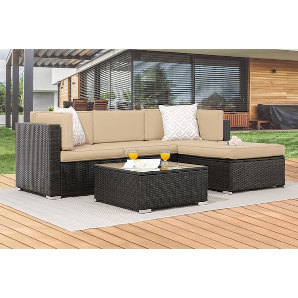 Sonkuki 5-Piece Wicker Patio Conversation Sectional Seating Set Set with Sand Cushions