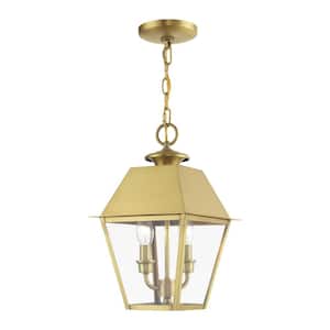 Helmsdale 15in. 2-Light Natural Brass Dimmable Outdoor Pendant Light with Clear Glass and No Bulbs Included