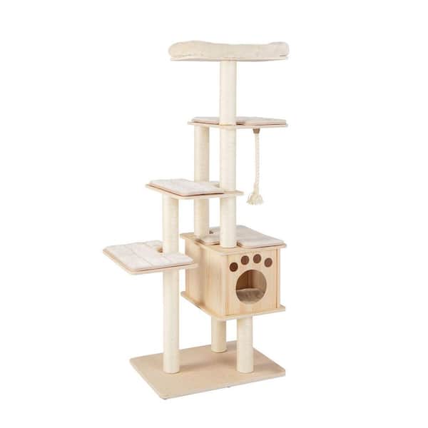 ANGELES HOME 67 in. Solid wood Modern Cat Tree Tower With Top Perch and Sisal Rope Scratching Posts