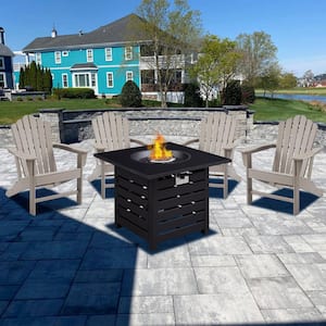 3-Piece Brown Recycled Plastic Patio Conversation Set Adirondack Chair with Black Propane Firepit for Yard