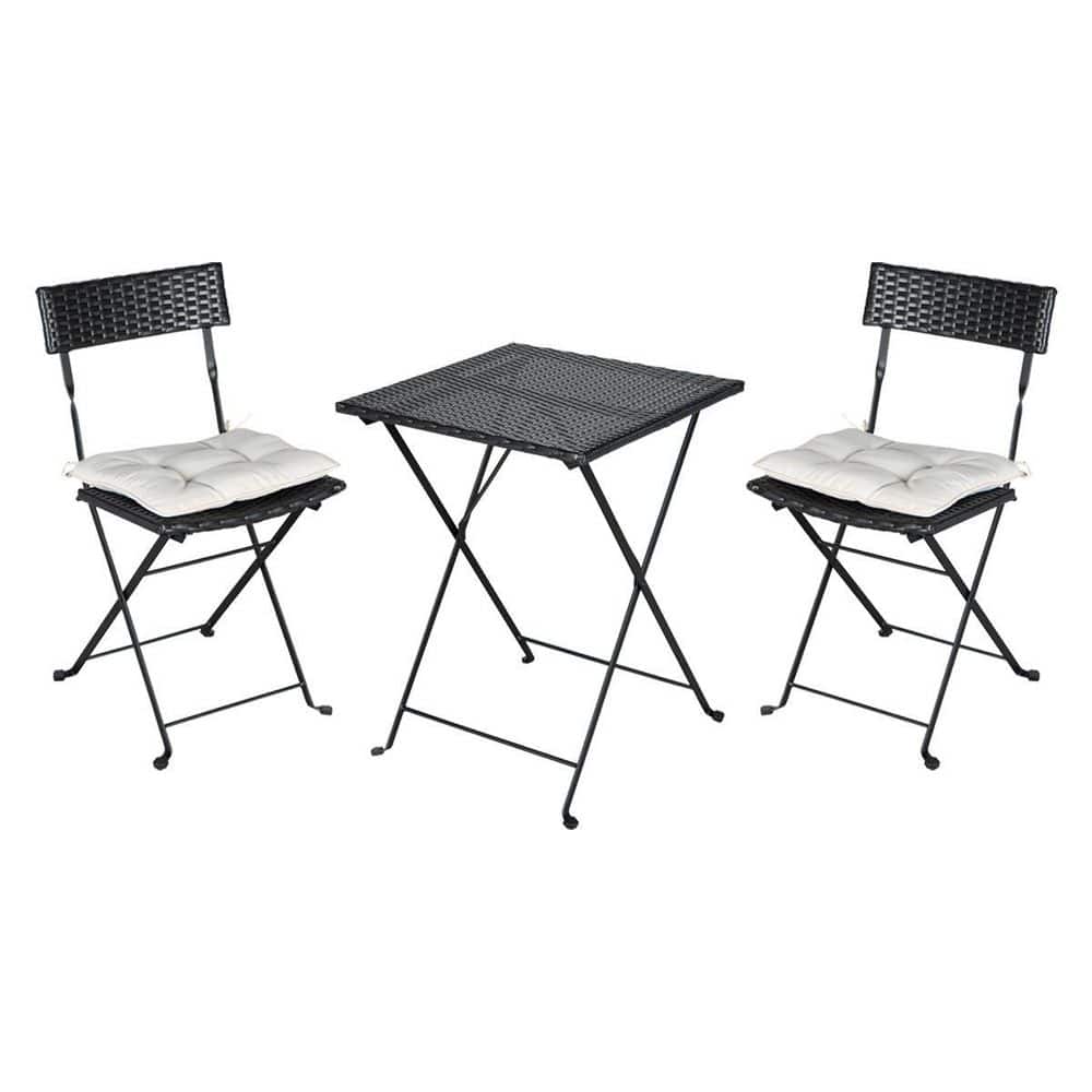 Black 3-Piece PE Rattan Wicker Folding Outdoor Bistro Set with 1 Table, 2 C