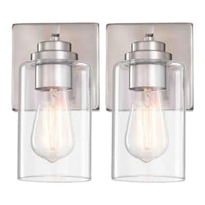 5 in. 1-Light Brushed Nickel Wall Mount Lantern Sconces with Dimmer Switch (Set of 2)