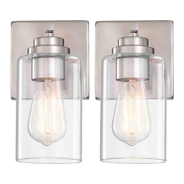 Pia Ricco 5 in. 1-Light Brushed Nickel Wall Mount Lantern Sconces with Dimmer Switch (Set of 2)