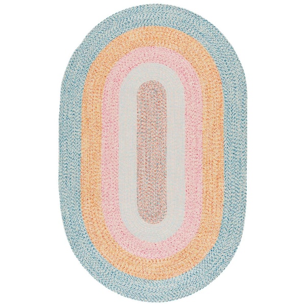 Braided Aqua/Pink 3 ft. x 5 ft. Machine Washable Solid Striped Border Oval Area Rug