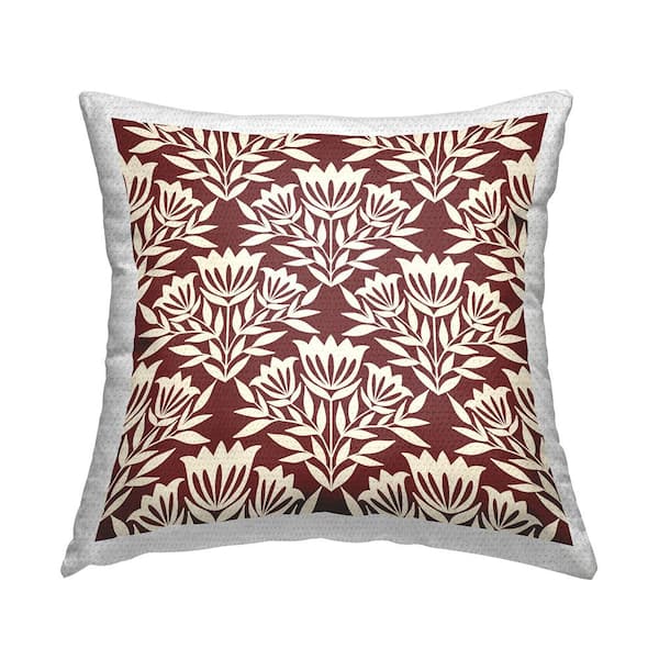 Traditional Maroon Flower Arrangement Cream Pattern Red Square Outdoor Throw Pillow