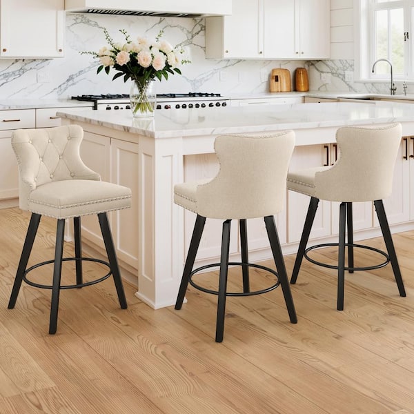 Apollo 27 in. Counter Stool Beige Fabric Upholstered Button Tufted Swivel Bar Stool with Wood Frame Set of 3