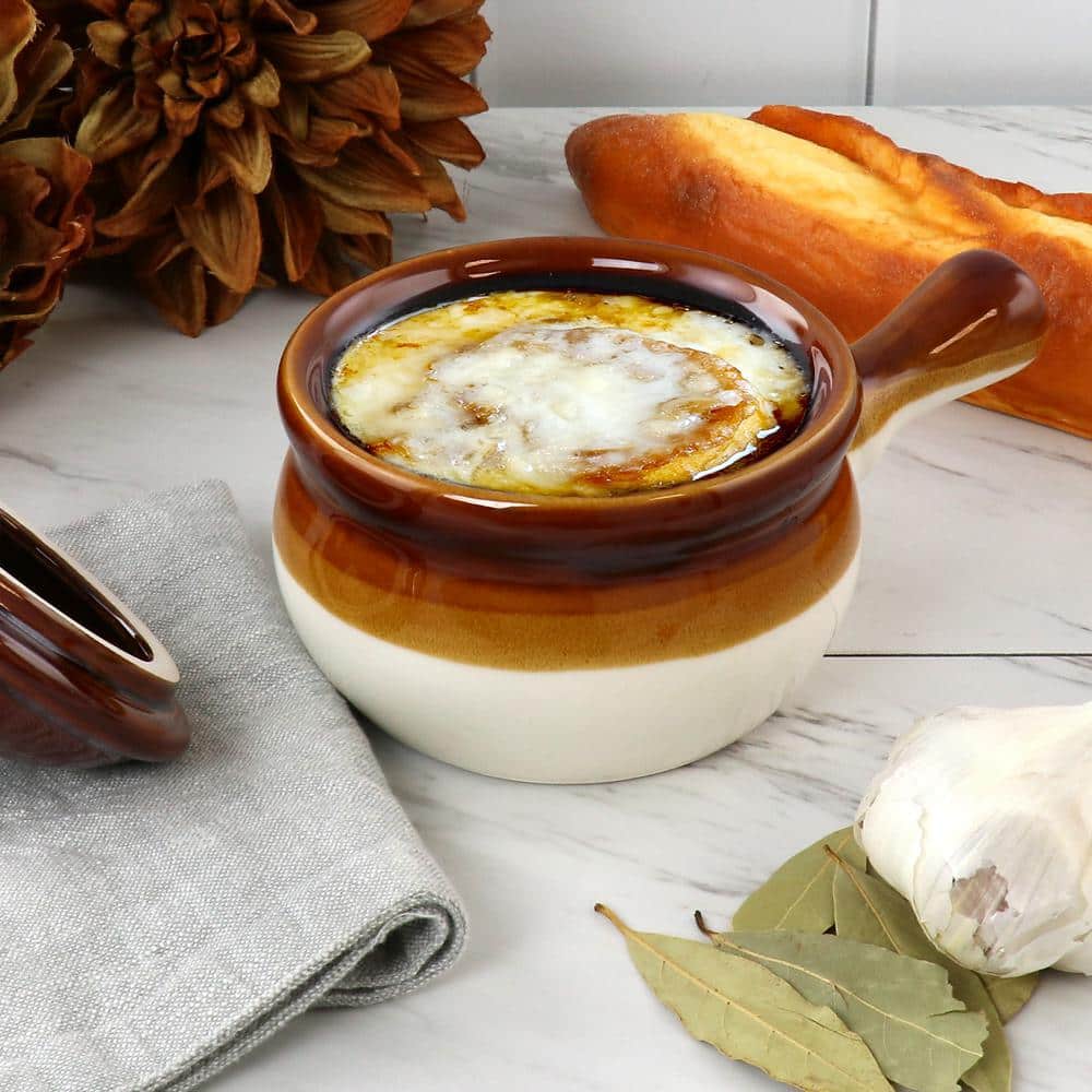 Brown and White Stoneware French Onion Soup Bowls with Lids, Set of 4