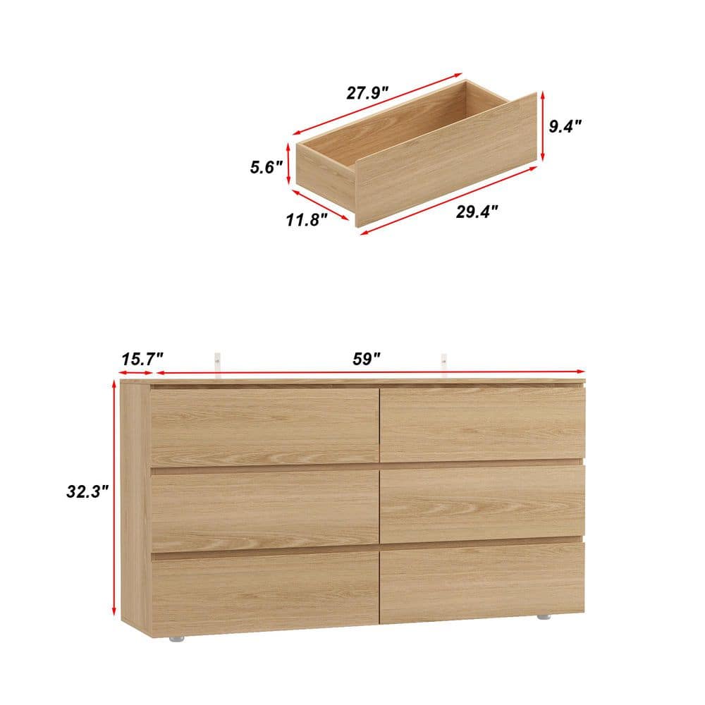 Yellow Wood Grain 6 Drawers 59 in. W Wooden Chest of Drawers, Dresser, Storage Cabinet - thumbnail 5