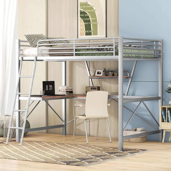 Polibi Full Size Loft Metal and MDF Bed with Desk and Shelf, Silver