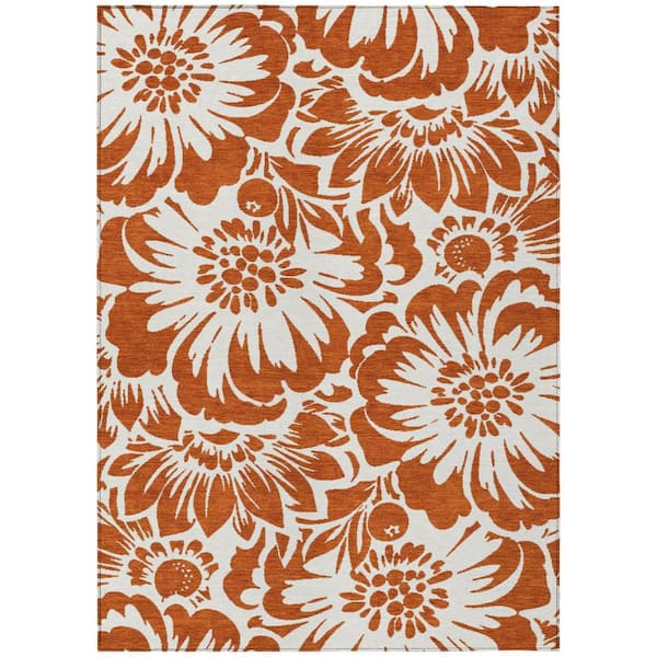 Rust and Ivory 8 ft. x 10 ft. Woven Floral Rectangle Indoor/Outdoor Area Rug