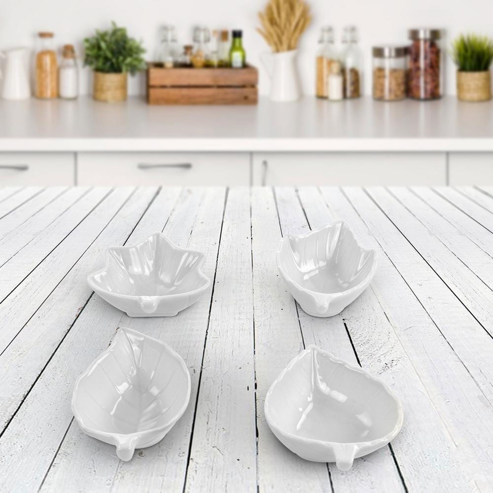 White Ceramic Leaf-Shaped Tidbit Dish Set, 4-Piece