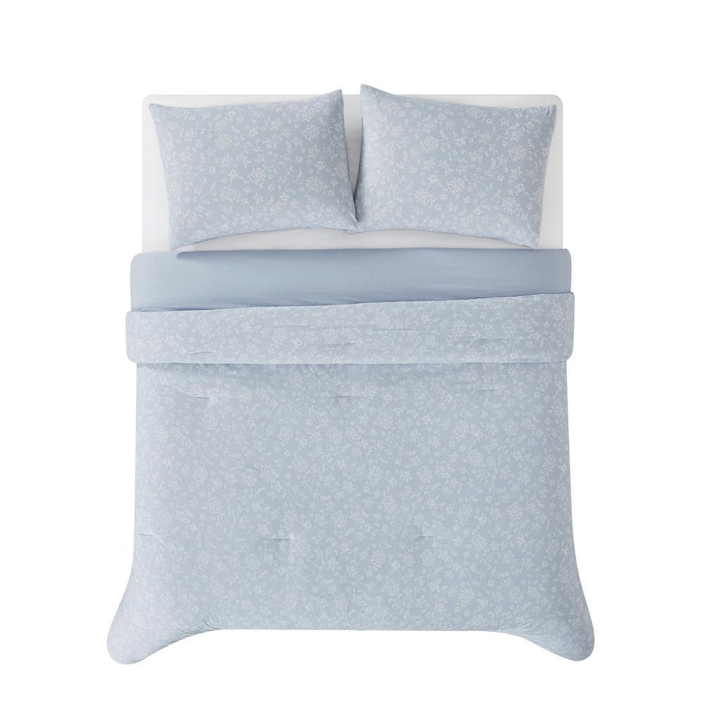 King Blue Cotton Reversible Bedspread Set with Polyfill