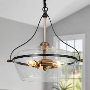 14 in. Modern 3-Light Brass Gold Chandelier Light, Black Bowl Hanging Pendant with Clear Glass Hanging Ceiling Light