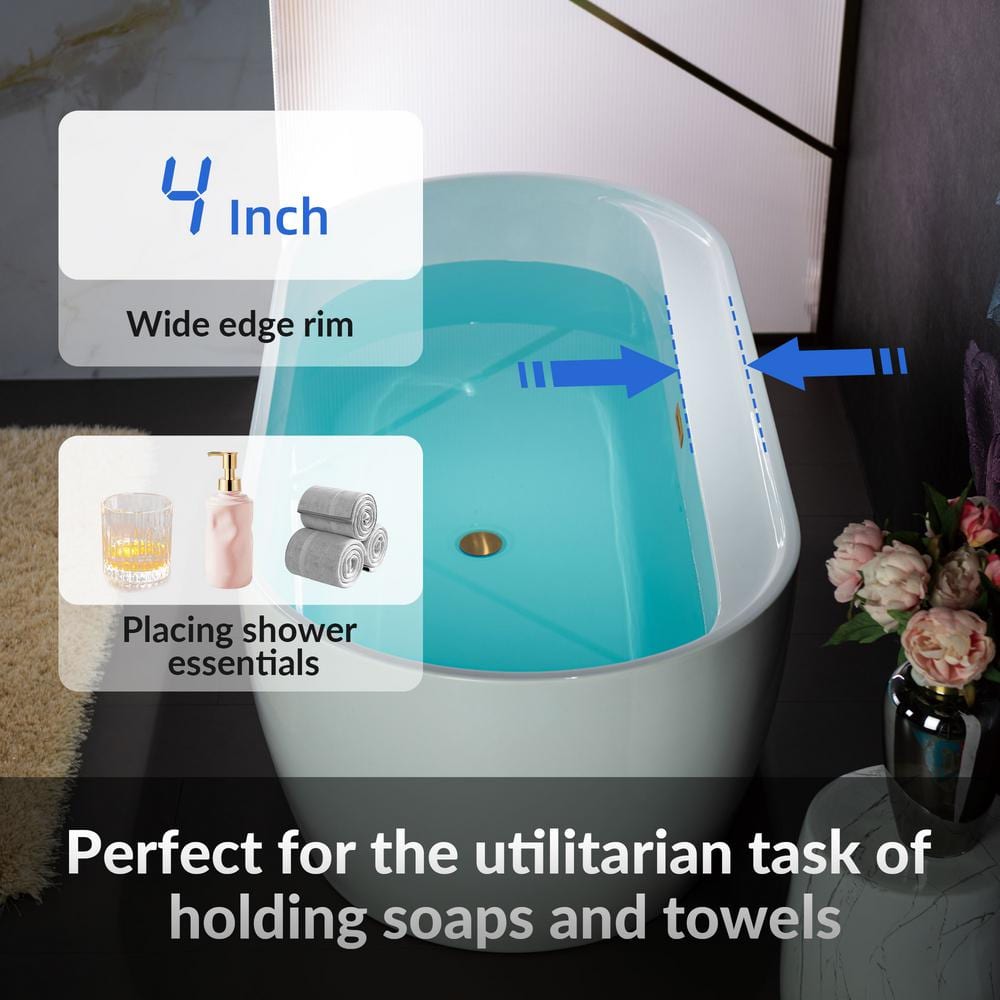67" White Acrylic Freestanding Soaking Bathtub with Brushed Gold Trim