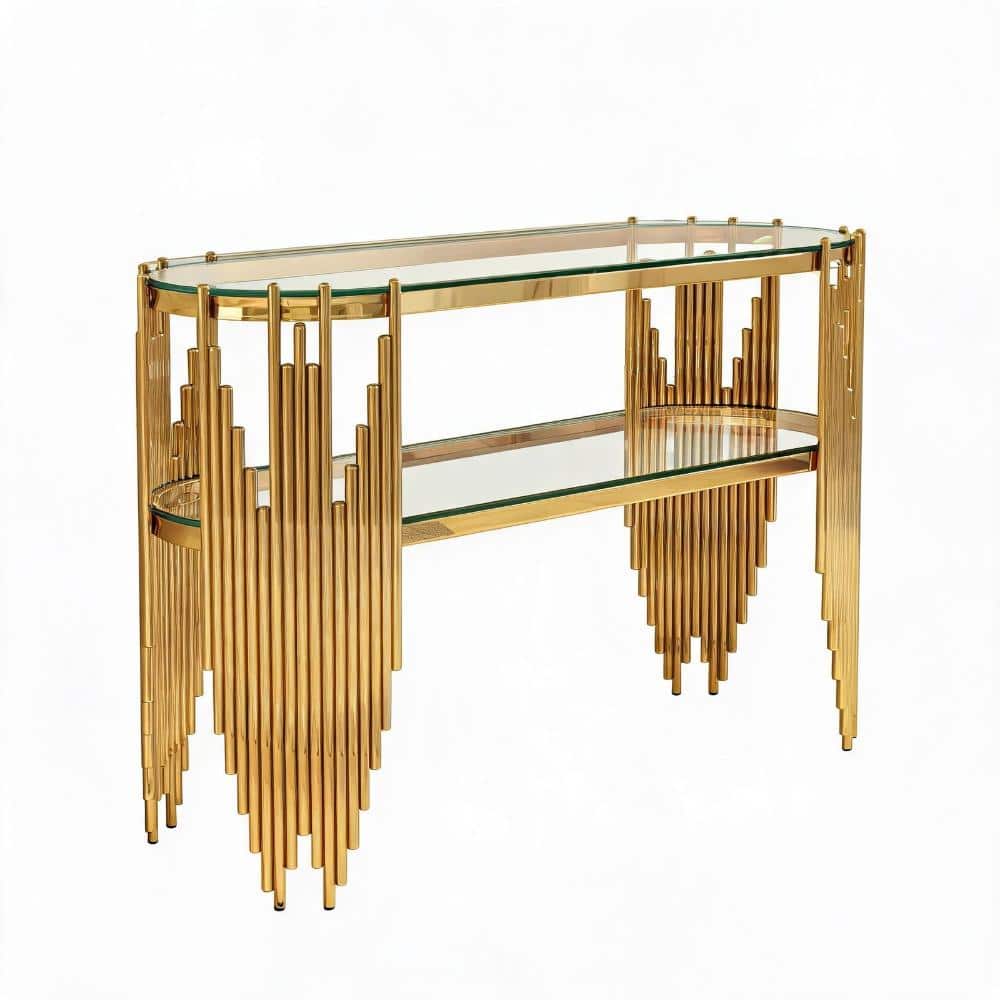 47 in. Gold Oval Tempered Glass Console Table with 2-Tier Shelves & Stainless Steel Frame durable construction price history on PriceWatchPro