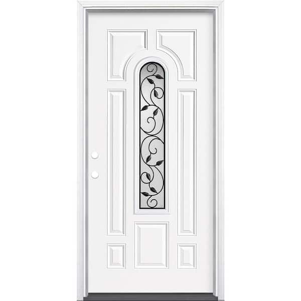Masonite 36 in. x 80 in. Pergola Center Arch-Lite Right-Hand Inswing Primed Steel Prehung Front Exterior Door with Brickmold