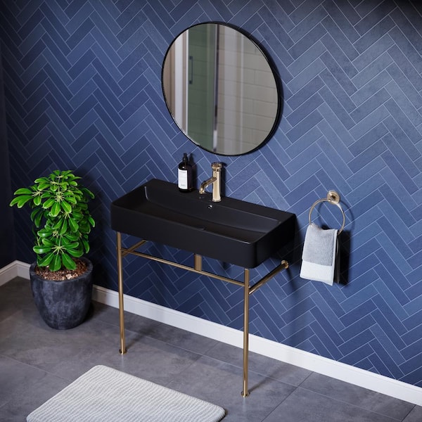 Carre 36 in. Ceramic Console Sink Matte Black Basin Gold Legs