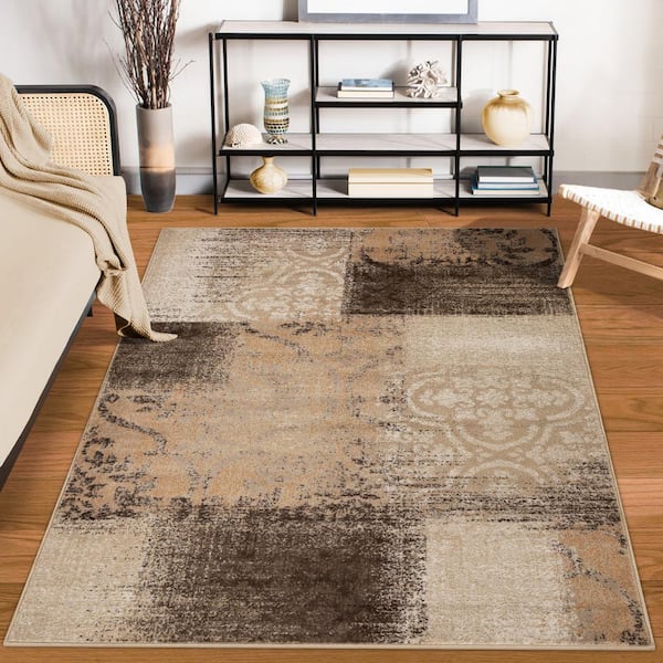 Bristol Beige/Camel 8 ft. x 10 ft. Abstract Damask Area Rug