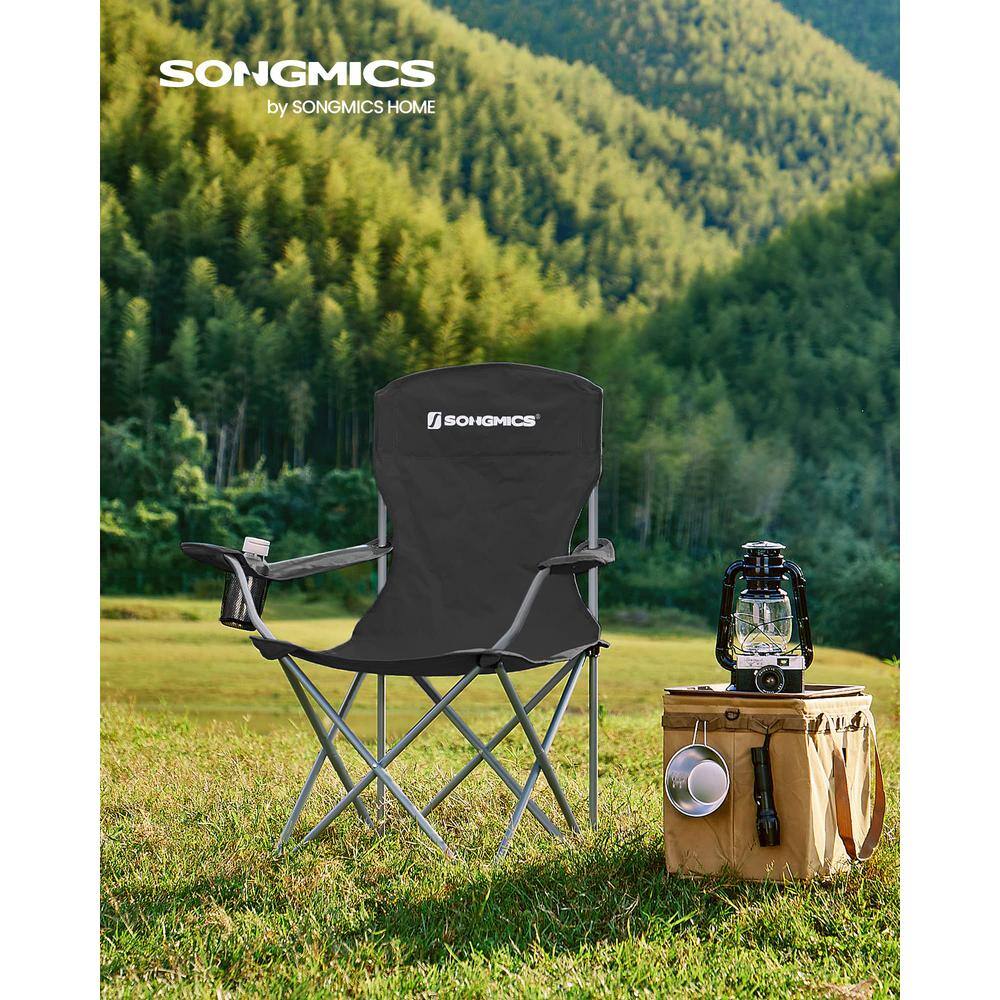 Set of 2 Black Folding Camping Chairs with Cup Holders
