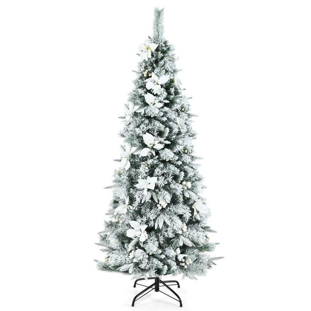 WELLFOR ft. White Pre-Lit Snow Flocked PVC and PE Artificial Christmas  Tree with Berries and White Poinsettia Flowers CM-HJY-23532US The Home  Depot