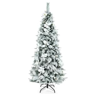 6 ft. White Pre-Lit Snow Flocked PVC and PE Artificial Christmas Tree with Berries and White Poinsettia Flowers