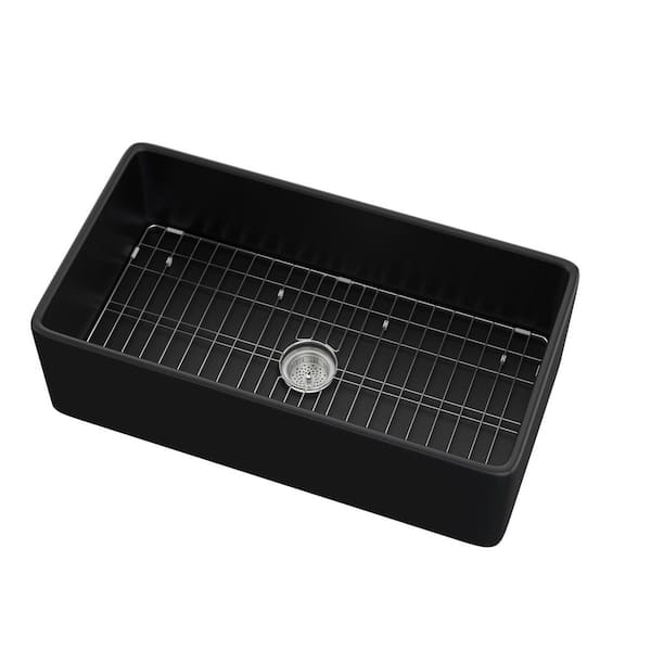 Zeafive Ber 33 in. Apron Front Single Bowl Fireclay Farmhouse Kitchen Sink Black with Bottom Grid and Strainer