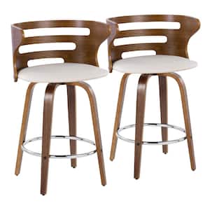 Cosi 25.25 in. Cream Faux Leather, Walnut Wood and Chrome Metal Fixed-Height Counter Stool (Set of 2)
