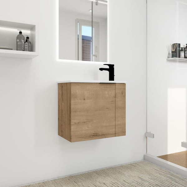22 in. Floating Single Sink Imitative Oak Bath Vanity with White Ceramic Top