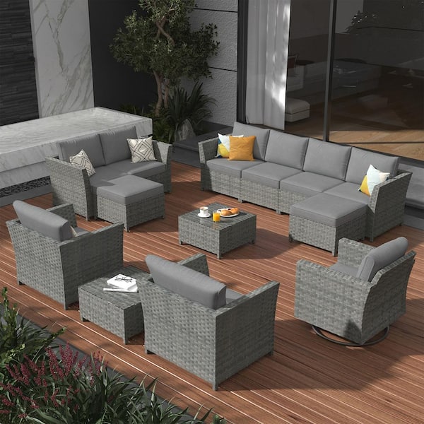 XIZZI Denali Gray 13-Piece Wicker Patio Conversation Sectional Sofa Set with Dark Gray Cushions and Swivel Rocking Chair