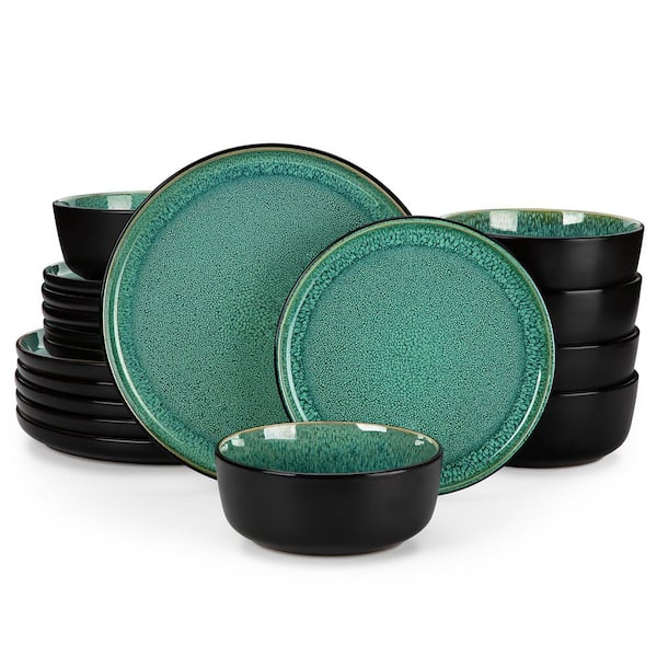 vancasso 18-Piece Green and Black Stoneware Dinnerware Set Service for 6 Tableware Dinner Plates Dessert Plates Cereal Bowls