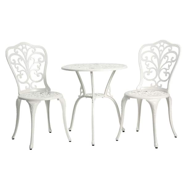 HOMEFUN 3-Piece Butterfly White Cast Aluminum Outdoor Bistro Sets with Umbrella Hole