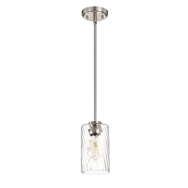 100-Watt 1-Light 5 in. Brushed Nickel Pendant Light Fixture with Clear Swirl Glass Shade for Kitchen Island Dining Room
