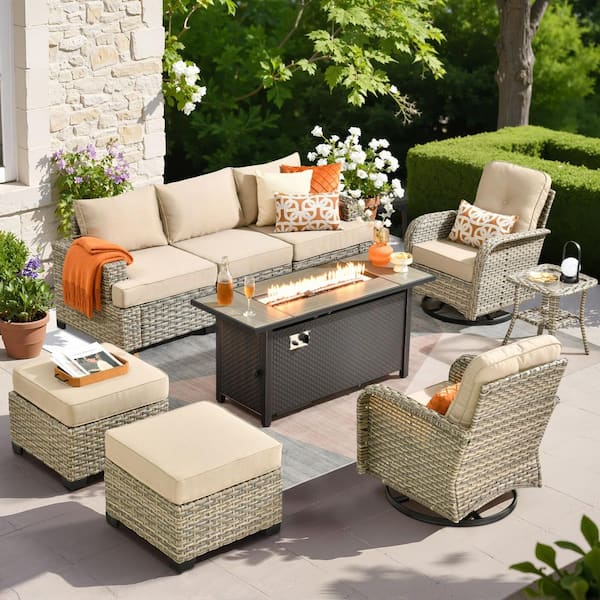 Tiberty Gray 9-Piece Wicker Patio Rectangle Fire Pit Conversation Set with Beige Cushions and Swivel Chairs