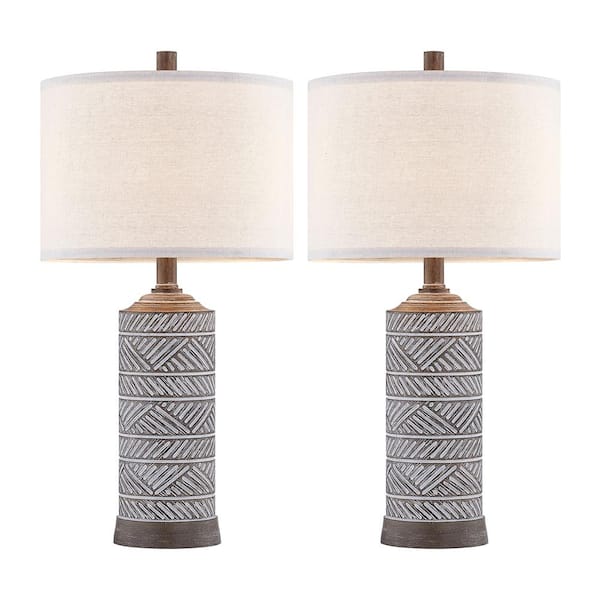 KAWOTI 23.25 in. Distressed Wook-look Finish Table Lamp Set with Fabric Lamp Shade and LED Bulbs Included (Set of 2)