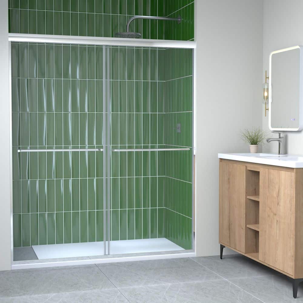 Semi-Frameless Shower Door 56-60 in. W x 70 in. H, 1/4 in. Tempered Glass, Chrome, Dual Slide w/Towel Bar, L/R Install price history on PriceWatchPro