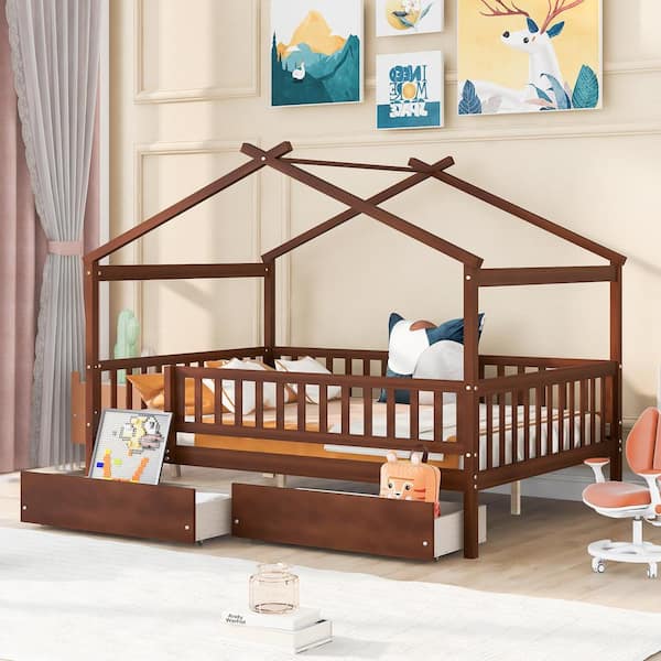Harper & Bright Designs Walnut Full Size Wood House Bed with Two ...