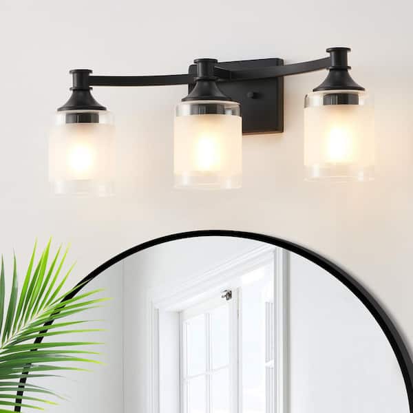 20.25 in. 3-Light Painted Black Vanity Light with Clear Edge and Frosted Glass Shades