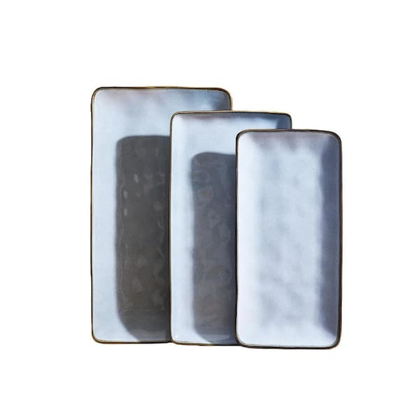 12.6/14.1/15.67 in. Blue Stoneware Rectangular Serving Platter Trays for Party Food Turkey Snack Cheese (Set of 3)
