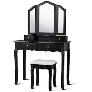 4-Drawer Black Dressing Vanity Table Stool Set with Tri-folding Mirror and Padded Seat
