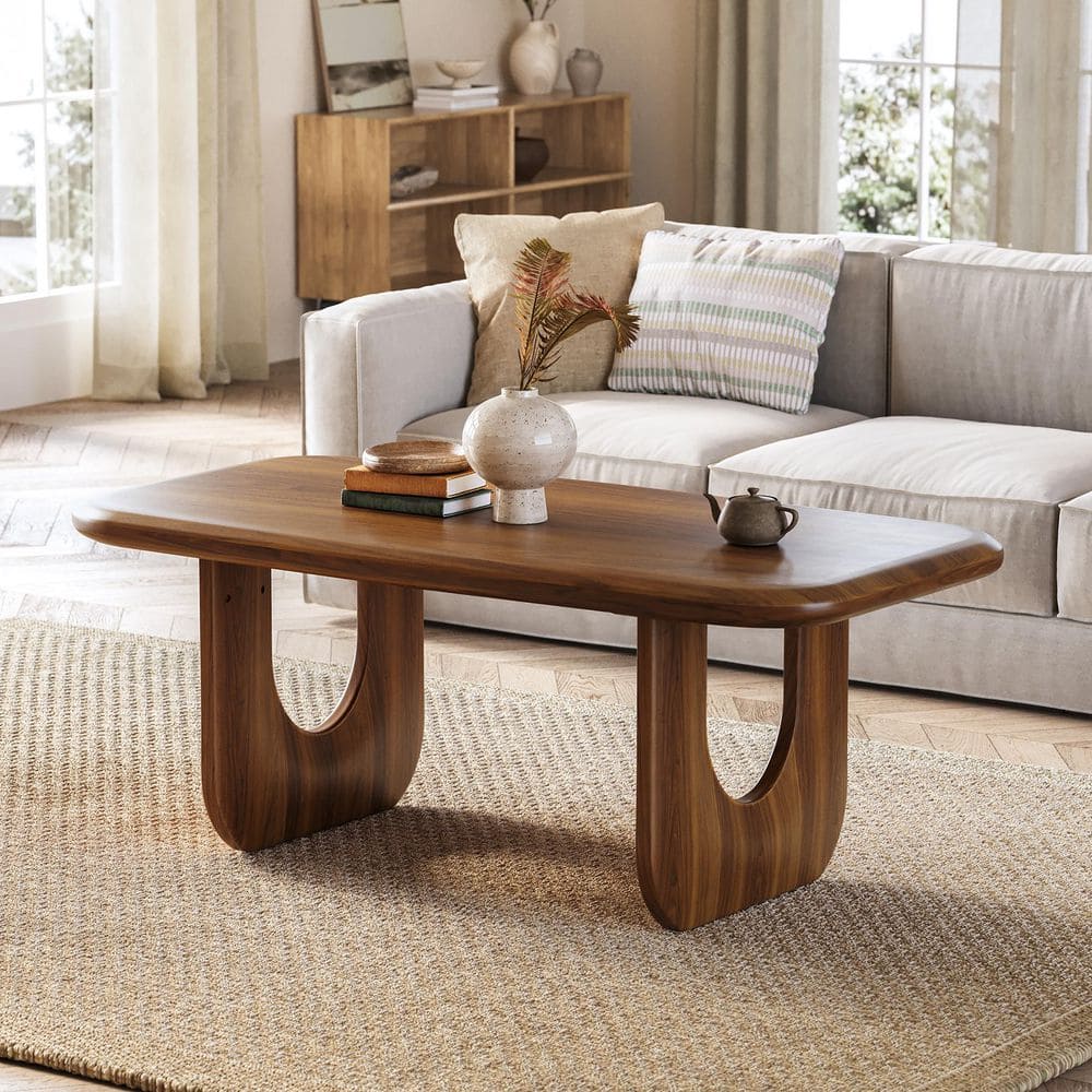 Allan 47.24 in. Brown Rectangle Wood Coffee Table, Farmhouse Living Room Center Table with Double Pedestal