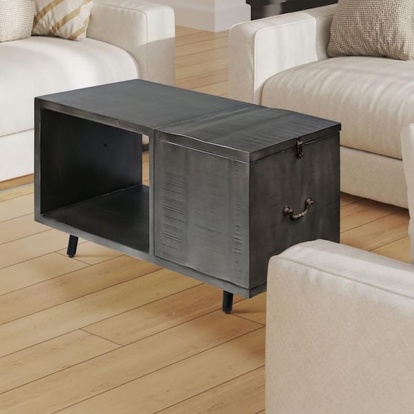 THE URBAN PORT 16 in. Charcoal Gray Rectangle Wood Handcrafted Coffee Table with Hinged Lift Top Storage and Metal Legs