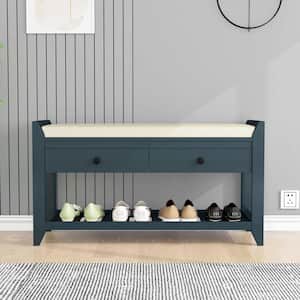 Antique Navy Shoe Rack with Cushioned Seat and Drawers Multipurpose Entryway Storage Bench 20 in. x 14 in. x 39 in.