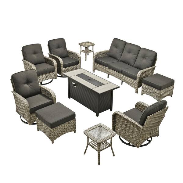 Beverly 10-Piece Wicker Patio Conversation Sofa Swivel Chairs Set with Metal Fire Pit Table and Black Cushions