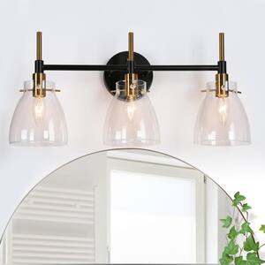 21.5 in. 3-Light Brass Gold Vanity Light for Bathroom, Black Wall Sconce Lighting with Bowl-Shaped Clear Glass Shades