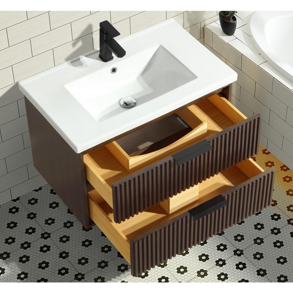 San Diego 30" Walnut Wood Bathroom Vanity with Ceramic Countertop