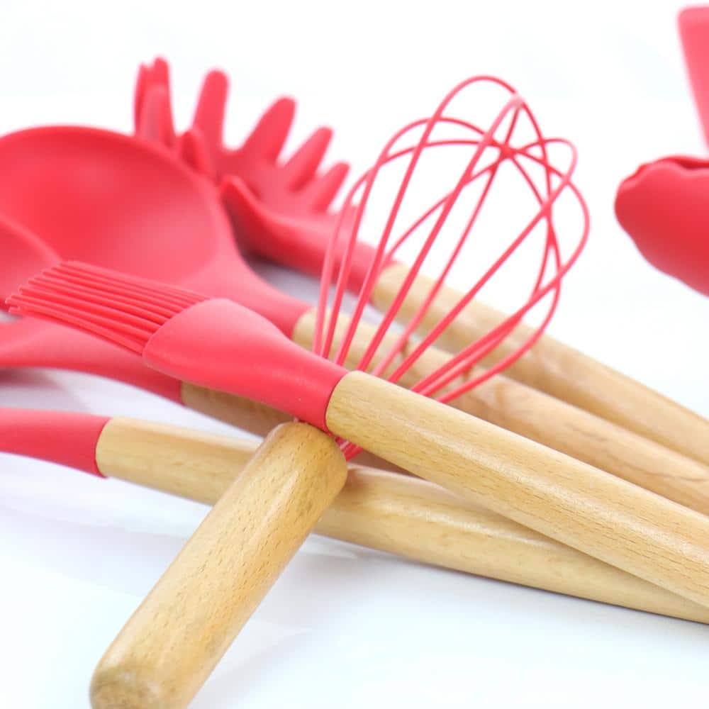 Red Silicone and Wood 12-Piece Cooking Utensil Set