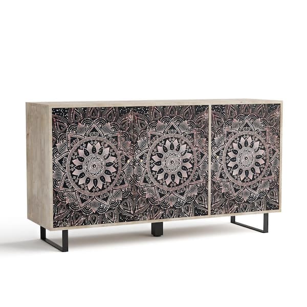 Prisca Water Lily Mandala Mango Wood 55 in. Buffet Server Cabinet 4 Shelves